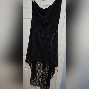 Strapless black lace hi-low dress w/braided black thin belt.